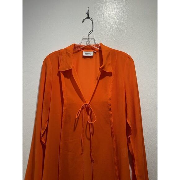 WEEKDAY Willow Chiffon Blouse Bright Orange Sheer Tie Front Resort Top Travel - Picture 3 of 12